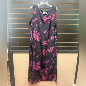 JM Collection Black Midi Dress with Pink Floral Print | Size XL